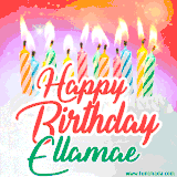Bright birthday candles with rainbow flames on a cake, alongside the text 'Happy Birthday Ellamae' in vibrant script in this celebratory animated GIF.