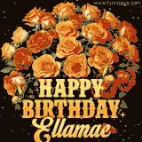 Animated bouquet of orange roses with moving butterfles and golden 'Happy Birthday Ellamae' text, surrounded by sparkling accents and a dark backdrop for a luxurious feel.