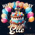Hand-drawn happy birthday cake adorned with an arch of colorful balloons - name GIF for Elle