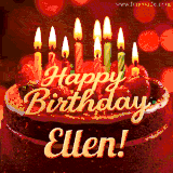 Beautifully decorated red velvet berry birthday cake with vibrant fruits and a glowing 'Ellen' name, adding a touch of sweetness and sparkle.