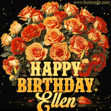 Animated bouquet of orange roses with moving butterfles and golden 'Happy Birthday Ellen' text, surrounded by sparkling accents and a dark backdrop for a luxurious feel.