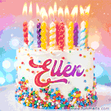 A cheerful white birthday cake with multicolor sprinkles, lit candles, and 'Ellen' written in vibrant letters, in an animated GIF.