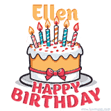 Cartoon birthday cake with a red bow, glowing candles, and 'Ellen Happy Birthday' text in bold animated style.