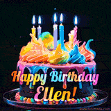 A mesmerizing animated cake with multicolor frosting and candles, and the words 'Happy Birthday Ellen' on the black background.