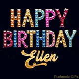 Vibrant luxury birthday greeting card for Ellen, showing glittering gemstone letters and golden calligraphy on a dark background with twinkling shine effects.