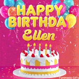 Pink-themed animated greeting with balloons, confetti, and a frosted cake under the message 'Happy Birthday Ellen' in bold rounded yellow font.