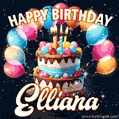 Hand-drawn happy birthday cake adorned with an arch of colorful balloons - name GIF for Elliana
