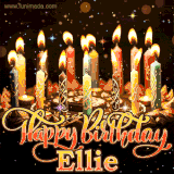 A glowing personalized birthday GIF with name Ellie featuring lit candles with intricate designs, warm lighting, and the text 'Happy Birthday' in an elegant font.