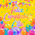 A bright and festive GIF with the text 'Feliz Cumpleaños Ellie' in Spanish in colorful fonts, surrounded by confetti, balloons, and festive banners on a vibrant yellow background.
