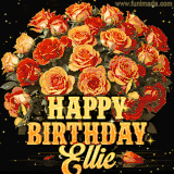 Animated bouquet of orange roses with moving butterfles and golden 'Happy Birthday Ellie' text, surrounded by sparkling accents and a dark backdrop for a luxurious feel.