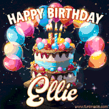 Bright birthday animation for Ellie with a chocolate cake, candles, balloons, and glowing celebratory lights.