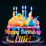 A mesmerizing animated cake with multicolor frosting and candles, and the words 'Happy Birthday Ellie' on the black background.