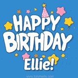 Colorful animated birthday card with the text 'HAPPY BIRTHDAY Ellie!' in a white playful font surrounded by stars, hearts, and a party hat on a blue background.