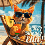 An animated orange cat wearing sunglasses, sitting on a beach chair with a tropical drink, with a festive 'Happy Birthday Ellie!' message.