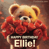 Cinematic style cute animated teddy bear with charming features holding a large bouquet of red roses, the words say 'Happy Birthday Ellie' in sans serif font.