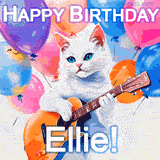 Animated GIF featuring a charming white cat with bright blue eyes strumming a guitar while colorful balloons float in the background, with 'Happy Birthday Ellie!' text.