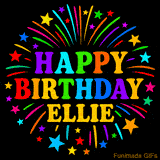 Personalized greeting card with name, colorful text that says 'Happy Birthday Ellie' surrounded by animated fireworks and multicolor stars