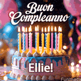 Birthday cake topped with pink and yellow lit candles, surrounded by glowing bokeh lights and party balloons. The greeting 'Buon Compleanno Ellie GIF!' is displayed.