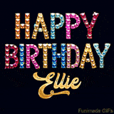 Vibrant luxury birthday greeting card for Ellie, showing glittering gemstone letters and golden calligraphy on a dark background with twinkling shine effects.
