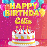 Pink-themed animated greeting with balloons, confetti, and a frosted cake under the message 'Happy Birthday Ellie' in bold rounded yellow font.