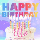 A vibrant animated name GIF with the words 'Happy Birthday Ellie' with colorful candles on a creamy cake. The background sparkles with pastel shades, adding a festive touch.