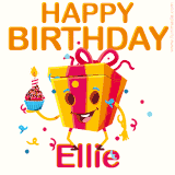 A vibrant and funny gift box character with a happy face dancing with a cupcake and the text 'Happy Birthday Ellie,' surrounded by animated confetti and party vibes.