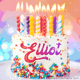 A cheerful cat wearing sunglasses, enjoying drinks on a sunny beach chair, with the text 'Happy Birthday Elliot!' in bright letters.