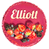 Beautifully decorated red velvet berry birthday cake with vibrant fruits and a glowing 'Elliott' name, adding a touch of sweetness and sparkle.