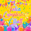 A bright and festive GIF with the text 'Feliz Cumpleaños Elliott' in Spanish in colorful fonts, surrounded by confetti, balloons, and festive banners on a vibrant yellow background.
