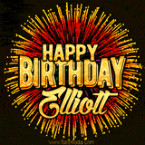 Golden 'Happy Birthday Elliott' text accompanied by animated rainbow fireworks for a festive animated greeting.