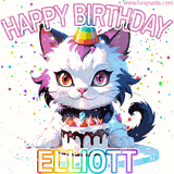Adorable party-themed animated cat next to a lit birthday cake with text that says 'Happy Birthday Elliott,' surrounded by colorful decorations and sparkles.