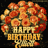 Animated bouquet of orange roses with moving butterfles and golden 'Happy Birthday Elliott' text, surrounded by sparkling accents and a dark backdrop for a luxurious feel.