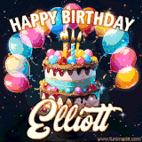 Bright birthday animation for Elliott with a chocolate cake, candles, balloons, and glowing celebratory lights.
