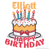 Cartoon birthday cake with a red bow, glowing candles, and 'Elliott Happy Birthday' text in bold animated style.