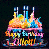 A mesmerizing animated cake with multicolor frosting and candles, and the words 'Happy Birthday Elliott' on the black background.