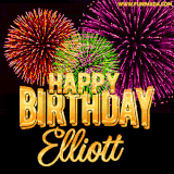 A golden 'Happy Birthday Elliott' message with vibrant fireworks in the background, creating a festive and celebratory vibe in this animated name GIF.