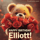 Cinematic style cute animated teddy bear with charming features holding a large bouquet of red roses, the words say 'Happy Birthday Elliott' in sans serif font.