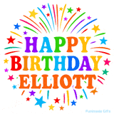 Happy Birthday Elliott' GIF with rainbow-colored letters, colorful stars, and fireworks on white background.