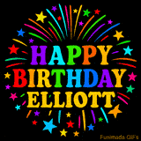 Personalized greeting card with name, colorful text that says 'Happy Birthday Elliott' surrounded by animated fireworks and multicolor stars