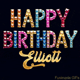 Vibrant luxury birthday greeting card for Elliott, showing glittering gemstone letters and golden calligraphy on a dark background with twinkling shine effects.