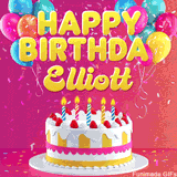 Pink-themed animated greeting with balloons, confetti, and a frosted cake under the message 'Happy Birthday Elliott' in bold rounded yellow font.