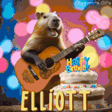 Animated birthday GIF showing a capybara playing guitar and singing beside a birthday cake with the name Elliott in large letters and colorful bokeh lights in the background.