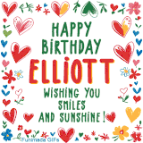 A colorful animated card for Elliott’s birthday featuring playful hearts, cheerful flowers, and a handwritten message wishing smiles and sunshine.