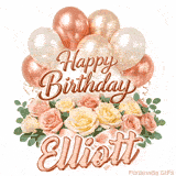Animated Happy Birthday Elliott greeting card with moving balloons and roses
