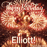 Glittering golden firework sparks and glowing bokeh lights behind a customized birthday present with the name Elliott
