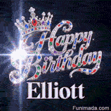 Shimmering animated card with a royal silver crown and crystal lettering on a dark backdrop for Elliott's celebration.