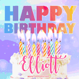 A vibrant animated name GIF with the words 'Happy Birthday Elliott' with colorful candles on a creamy cake. The background sparkles with pastel shades, adding a festive touch.