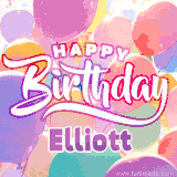 A vibrant name GIF featuring colorful balloons in shades of pink, orange, and yellow with the bold text 'Happy Birthday Elliott' in festive fonts, creating a lively birthday vibe.