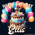 Hand-drawn happy birthday cake adorned with an arch of colorful balloons - name GIF for Ellis