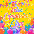 A bright and festive GIF with the text 'Feliz Cumpleaños Ellyn' in Spanish in colorful fonts, surrounded by confetti, balloons, and festive banners on a vibrant yellow background.